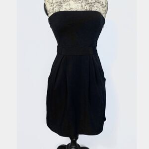 Theory Strapless Mini Dress Sz 6 Goadi Black Lightweight Wool & Silk Pleated